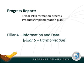 Progress Report:
Pillar 4 – Information and Data
[Pillar 5 – Harmonization]
1 year INSII formation process
Products/implementation plan
 