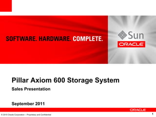 © 2010 Oracle Corporation – Proprietary and Confidential
Pillar Axiom 600 Storage System
Sales Presentation
September 2011
1
 
