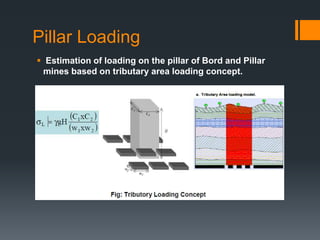 Pillar Loading
 Estimation of loading on the pillar of Bord and Pillar
mines based on tributary area loading concept.
 