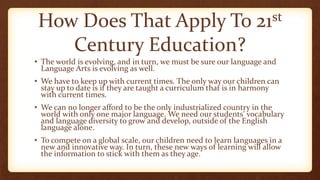 How Does That Apply To 21st
Century Education?
• The world is evolving, and in turn, we must be sure our language and
Language Arts is evolving as well.
• We have to keep up with current times. The only way our children can
stay up to date is if they are taught a curriculum that is in harmony
with current times.
• We can no longer afford to be the only industrialized country in the
world with only one major language. We need our students’ vocabulary
and language diversity to grow and develop, outside of the English
language alone.
• To compete on a global scale, our children need to learn languages in a
new and innovative way. In turn, these new ways of learning will allow
the information to stick with them as they age.
 
