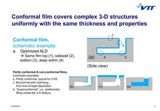 27/06/2018 3
Conformal film covers complex 3-D structures
uniformly with the same thickness and properties
Conformal film,
schematic example:
a. Optimized ALD
 Same film top (1), sidewall (2),
bottom (3), deep within (4)
Partly conformal & non-conformal films,
schematic examples
b. Partly conformal, typical for CVD
c. Noncormal with overhang,
from line-of-sight deposition
d. ”Superconformal”, i.e., preferential
filling inside the 3-D feature
(a)
(c) (d)(b)
(Side view)
1.
2.
3.4.
 