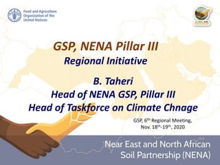 GSP, NENA Pillar III
Regional Initiative
B. Taheri
Head of NENA GSP, Pillar III
Head of Taskforce on Climate Chnage
GSP, 6th Regional Meeting,
Nov. 18th-19th, 2020
 
