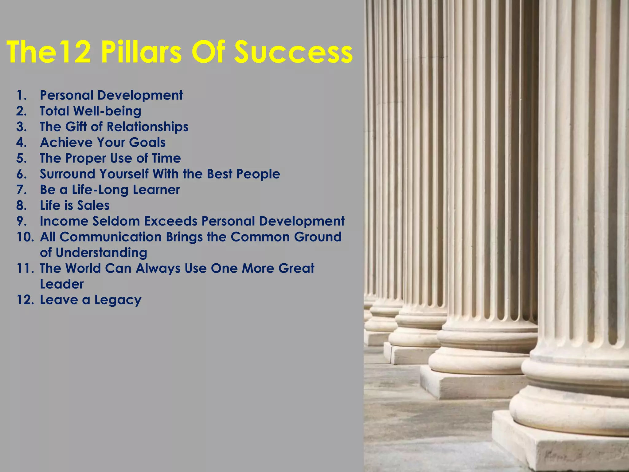 The12 Pillars Of Success
1.  Personal Development
2.  Total Well-being
3.  The Gift of Relationships
4.  Achieve Your Goals
5.  The Proper Use of Time
6.  Surround Yourself With the Best People
7.  Be a Life-Long Learner
8.  Life is Sales
9.  Income Seldom Exceeds Personal Development
10. All Communication Brings the Common Ground
    of Understanding
11. The World Can Always Use One More Great
    Leader
12. Leave a Legacy
 
