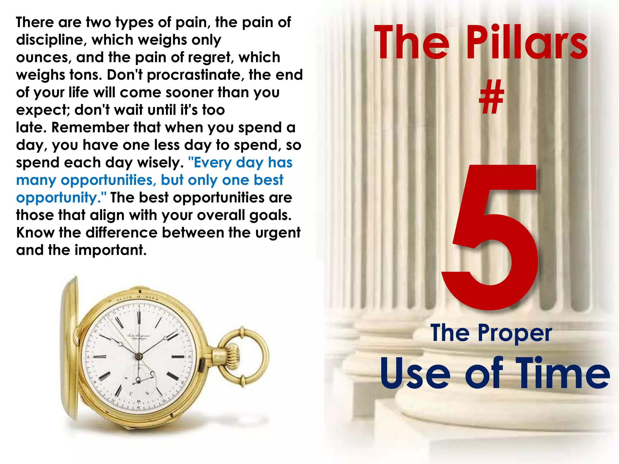 The Pillars
There are two types of pain, the pain of
discipline, which weighs only
ounces, and the pain of regret, which
weighs tons. Don't procrastinate, the end
of your life will come sooner than you
expect; don't wait until it's too
late. Remember that when you spend a
                                                 #
day, you have one less day to spend, so
spend each day wisely. "Every day has
many opportunities, but only one best
opportunity." The best opportunities are
those that align with your overall goals.
Know the difference between the urgent
and the important.




                                              The Proper
                                            Use of Time
 