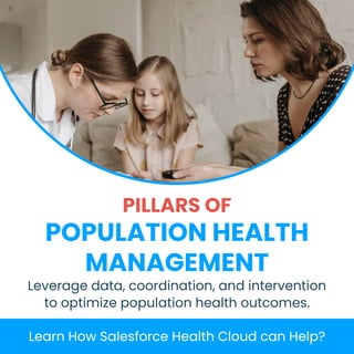 PILLARS OF
POPULATION HEALTH
MANAGEMENT
Learn How Salesforce Health Cloud can Help?
Leverage data, coordination, and intervention
to optimize population health outcomes.
 