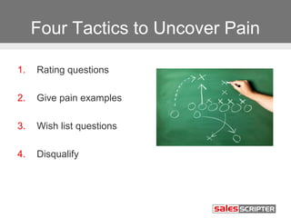 Four Tactics to Uncover Pain

1.   Rating questions

2.   Give pain examples

3.   Wish list questions

4.   Disqualify
 