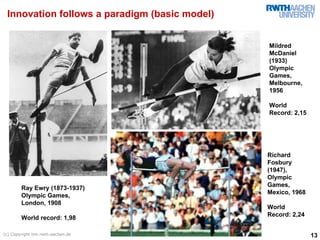 Innovation follows a paradigm (basic model)


                                               Mildred
                                               McDaniel
                                               (1933)
                                               Olympic
                                               Games,
                                               Melbourne,
                                               1956

                                               World
                                               Record: 2,15




                                               Richard
                                               Fosbury
                                               (1947),
                                               Olympic
                                               Games,
        Ray Ewry (1873-1937)
                                               Mexico, 1968
        Olympic Games,
        London, 1908
                                               World
                                               Record: 2,24
        World record: 1,98

(c) Copyright tim.rwth-aachen.de                              13
 