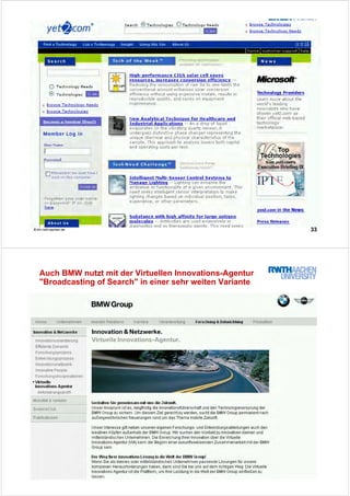33© tim.rwth-aachen.de
34© tim.rwth-aachen.de
Auch BMW nutzt mit der Virtuellen Innovations-Agentur
"Broadcasting of Search" in einer sehr weiten Variante
 