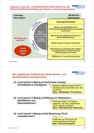 7© tim.rwth-aachen.de
Lösungs-
Information
Die Frage nach
dem Wie?
Bedürfnis-
information
Bedürfnisse
identifizieren
Produkte
entwickeln
Produktideen
generieren
Markt-
einführung
Die Frage nach
dem Was?
Steigerungder
Effizienz
Steigerung
der
Effizienz
Steigerung
der
EffektivitätSteigerung
der
Effektivität
Zugang zu Lösungs- und Bedürfnisinformation bestimmen die
Effizienz & Effektivität entlang der Phasen d. Innovationsprozesses
local
search
bias
sticky
information
Beschaffung und Umsetzung der richtigen
Lösungsinformation reduziert Floprate,
Entwicklungszeit und -kosten
Effizienz im Innovationsprozess
Oftmals bereits vorhandene Information
Was ist der neue Wirkzusammenhang zur
Bedürfnisbefriedigung?
Wissen, wie ein Bedürfnis durch
Produktspezifikation/Dienstleistung umgesetzt
werden kann
Lösungsinformation
8© tim.rwth-aachen.de
(1) Local search in Bezug auf technische Lösung /
Verhaftetsein in Paradigmen
(2) Local search in Bezug auf Bildung von Netzwerken /
Identifikation von
Netzwerkpartnern
(3) Local search in Bezug auf die Bewertung ("local
evaluation bias")
Drei Aspekte des Problems der lokalen Suche – und
die klassischen Lösungsansätze
Bessere effektive externe Suche
Änderung des Suchstiles bzw. der
Suchform,
Bsp.: Gatekeeper, Promotoren
Partnerschaften mit Organi-
sationen, die über unterschied-
liches Wissen verfügen
Bsp.: F&E-Allianzen, Netzwerke
Auffinden von Personen mit
unterschiedlichem Wissen
Bsp.: Personal-Akquise
 