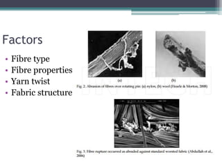 Factors
• Fibre type
• Fibre properties
• Yarn twist
• Fabric structure
 