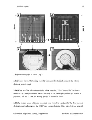 Seminar Report 13
Government Polytechnic College, Neyyattinkara Electronic & Communication
2.1(c)Photomicrograph of sensor Chip 1
2.1(d) Sensor chip 2. The bonding pads (6), which provide electrical contact to the external
electronic control circuit.
2.1(e) Close up of the pH sensor consisting of the integrated 3X10-2 mm Ag/AgCl reference
electrode (7), a 500-µm-diameter and 50–µm-deep, 10-nL, electrolyte chamber (8) defined in
polyimide, and the 15X600 µm floating gate (9) of the ISFET sensor
2.1(f)The oxygen sensor is likewise embedded in an electrolyte chamber (8). The three-electrode
electrochemical cell comprises the 1X10-1 mm counter electrode (10), a microelectrode array of
 