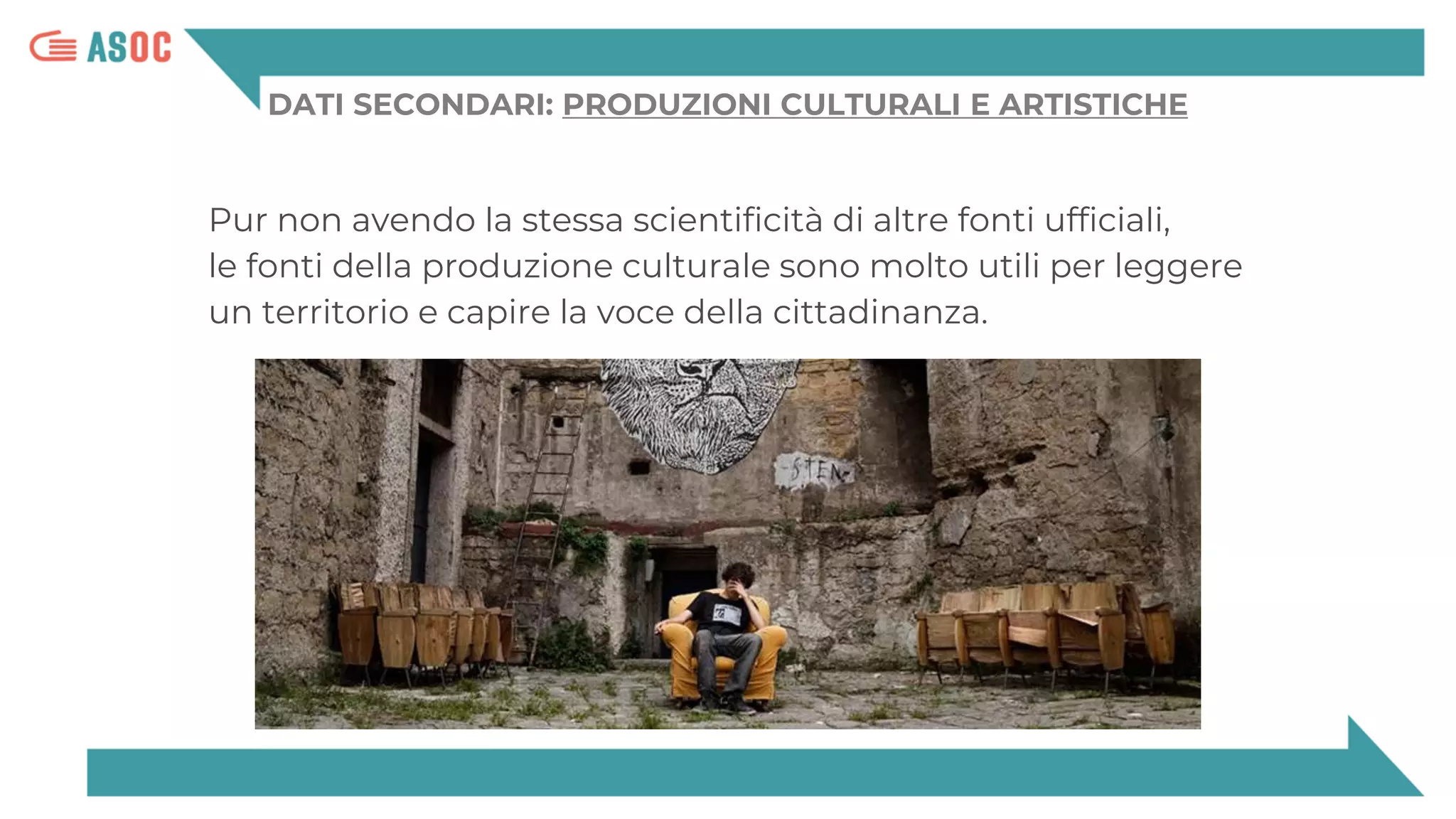 DATI SECONDARI: PRODUZIONI CULTURALI E ARTISTICHE
Pur non avendo la stessa scientificità di altre fonti ufficiali,
le fonti della produzione culturale sono molto utili per leggere
un territorio e capire la voce della cittadinanza.
 