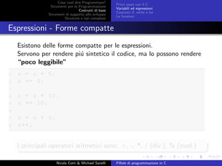 Cosa vuol dire Programmare?
Strumenti per la Programmazione
Costrutti di base
Strumenti di supporto allo sviluppo
Strutture e tipi complessi
Primi passi con il C
Variabili ed espressioni
Costrutti if, while e for
Le funzioni
Espressioni - Forme compatte
Esistono delle forme compatte per le espressioni.
Servono per rendere pi´u sintetico il codice, ma lo possono rendere
“poco leggibile”
1 a = a + 5;
2 a += 5;
3
4 a = a * 10;
5 a *= 10;
6
7 a = a + 1;
8 a++;
I principali operatori aritmetici sono: +, -, *, / (div.), % (mod.)
Nicola Corti & Michael Sanelli Pillole di programmazione in C
 