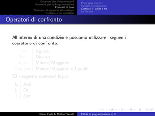 Cosa vuol dire Programmare?
Strumenti per la Programmazione
Costrutti di base
Strumenti di supporto allo sviluppo
Strutture e tipi complessi
Primi passi con il C
Variabili ed espressioni
Costrutti if, while e for
Le funzioni
Operatori di confronto
All’interno di una condizione possiamo utilizzare i seguenti
operatorio di confronto:
== Uguale
!= Diverso
<,> Minore/Maggiore
<=,>= Minore/Maggiore o Uguale
Ed i seguenti operatori logici:
& And
|| Or
! Not
Nicola Corti & Michael Sanelli Pillole di programmazione in C
 