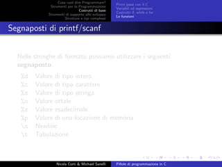 Cosa vuol dire Programmare?
Strumenti per la Programmazione
Costrutti di base
Strumenti di supporto allo sviluppo
Strutture e tipi complessi
Primi passi con il C
Variabili ed espressioni
Costrutti if, while e for
Le funzioni
Segnaposti di printf/scanf
Nelle stringhe di formato possiamo utilizzare i seguenti
segnaposto.
%d Valore di tipo intero
%c Valore di tipo carattere
%s Valore di tipo stringa
%o Valore ottale
%x Valore esadecimale
%p Valore di una locazione di memoria
n Newline
t Tabulazione
Nicola Corti & Michael Sanelli Pillole di programmazione in C
 