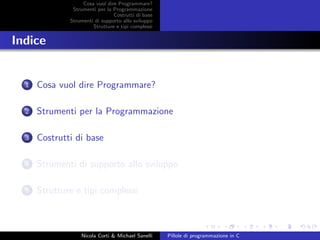 Cosa vuol dire Programmare?
Strumenti per la Programmazione
Costrutti di base
Strumenti di supporto allo sviluppo
Strutture e tipi complessi
Indice
1 Cosa vuol dire Programmare?
2 Strumenti per la Programmazione
3 Costrutti di base
4 Strumenti di supporto allo sviluppo
5 Strutture e tipi complessi
Nicola Corti & Michael Sanelli Pillole di programmazione in C
 