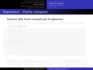 Cosa vuol dire Programmare?
Strumenti per la Programmazione
Costrutti di base
Strumenti di supporto allo sviluppo
Strutture e tipi complessi
Primi passi con il C
Variabili ed espressioni
Costrutti if, while e for
Le funzioni
Espressioni - Forme compatte
Esistono delle forme compatte per le espressioni.
Servono per rendere pi´u sintetico il codice, ma lo possono rendere
“poco leggibile”
1 a = a + 5;
2 a += 5;
3
4 a = a * 10;
5 a *= 10;
6
7 a = a + 1;
8 a++;
I principali operatori aritmetici sono: +, -, *, / (div.), % (mod.)
Nicola Corti & Michael Sanelli Pillole di programmazione in C
 