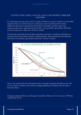 www.sportscienzasalute.it
Competenza Qualificata Pagina 39
ATTIVITA' FISICA PER LA SALUTE...NON E' MAI TROPPO TARDI PER
INIZIARE!
La vitale importanza di essere attivi: lo studio di Erikssen e Lancet condotto su oltre 2000
uomini di mezza età (40-60 anni), ha evidenziato come i benefici positivi indotti
dall'attività fisica per la diminuzione del rischio di mortalità, associato agli eventi
cardiovascolari acuti e agli altri fattori di rischio, sono possibili a prescindere dal livello
motorio di partenza e dallo stato di fitness iniziale.
L'incremento dei livelli di attività fisica giornaliera (aerobica e moderata), determina un
aumento del livello di fitness atletica e cardiovascolare, determinando ad una riduzione
del rischio di mortalità a prescindere dal livello "motorio" iniziale.
Non è mai tardi per divenire fisicamente attivi, mutando le proprie abitudini in uno stile
di vita corretto e salutare, riscuotendo vantaggi tangibili per il proprio stato di salute e
benessere fisico.
Changes in physical fitness and changes in mortality. Erikssen G1 et al. Lancet. 1998 Sep
5;352(9130):759-62
 