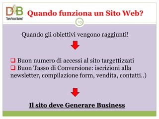 Quando funziona un Sito Web?
                         13


    Quando gli obiettivi vengono raggiunti!



 Buon numero di accessi al sito targettizzati
 Buon Tasso di Conversione: iscrizioni alla
newsletter, compilazione form, vendita, contatti..)



      Il sito deve Generare Business
 