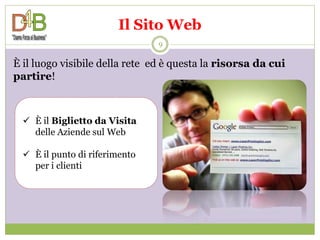 Il Sito Web
                                9

È il luogo visibile della rete ed è questa la risorsa da cui
partire!



   È il Biglietto da Visita
    delle Aziende sul Web

   È il punto di riferimento
    per i clienti
 