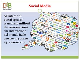Social Media
                      1


All’interno di
questi spazi si
scambiano milioni
di conversazioni
che intercorrono
nel mondo fra le
persone, 24 ore su
24, 7 giorni su 7.
 