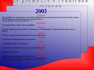 Le promesse e i conti non tornano 2005 Gennaio -  Boom edilizio. Un calcolo sicuro: tra il 1992 e il 2001 Seriate è aumentata di 474 mila metri cubi di cemento. Altri 450 mila sono stati approvati per il prossimo futuro - Sisana afferma: “Seriate è quello che è ...” Febbraio - Il semaforo Rosso castiga 1345 automobilisti Marzo - Sparisce definitivamente il confine con Bergamo in via Machiavelli . Il confine naturale perde, vince il cemento. Aprile - Proteste al cimitero per riesumazioni con bare a cielo aperto Maggio - in via Dante Naziskin aggrediscono un 39enne Luglio - raddoppiato l'affitto ai carabinieri Settembre - In zona Roccolo abitanti chiusi in casa assediati dalle puzze Ottobre - Disagi in Corso Roma Novembre - Polemica sulla casa demolita in via Don Bosco - Sfratto in una abitazione di via Granger ... i bimbi si ribellano - La morte non è più di casa ... ma nella “casa del commiato” 