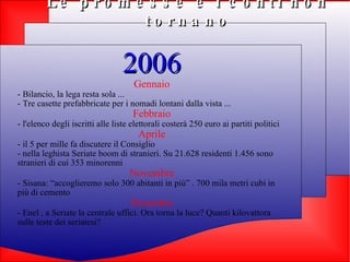 Le promesse e i conti non tornano 2006 Gennaio - Bilancio, la lega resta sola ... - Tre casette prefabbricate per i nomadi lontani dalla vista ... Febbraio - l'elenco degli iscritti alle liste elettorali costerà 250 euro ai partiti politici Aprile - il 5 per mille fa discutere il Consiglio - nella leghista Seriate boom di stranieri. Su 21.628 residenti 1.456 sono stranieri di cui 353 minorenni Novembre - Sisana: “accoglieremo solo 300 abitanti in più” . 700 mila metri cubi in più di cemento Dicembre - Enel , a Seriate la centrale uffici. Ora torna la luce? Quanti kilovattora sulle teste dei seriatesi? 