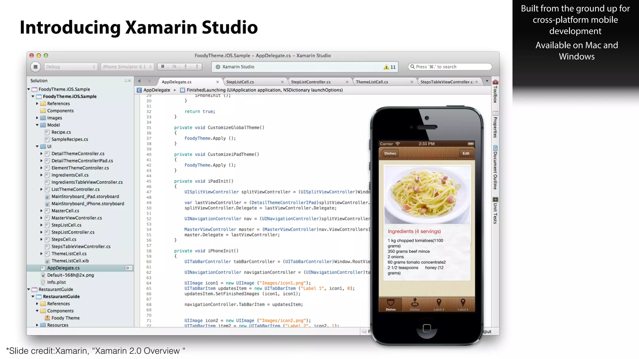 Rich IDE SupportIntroducing Xamarin Studio
Available on Mac and
Windows
Built from the ground up for
cross-platform mobile
development
*Slide credit:Xamarin, “Xamarin 2.0 Overview “
 