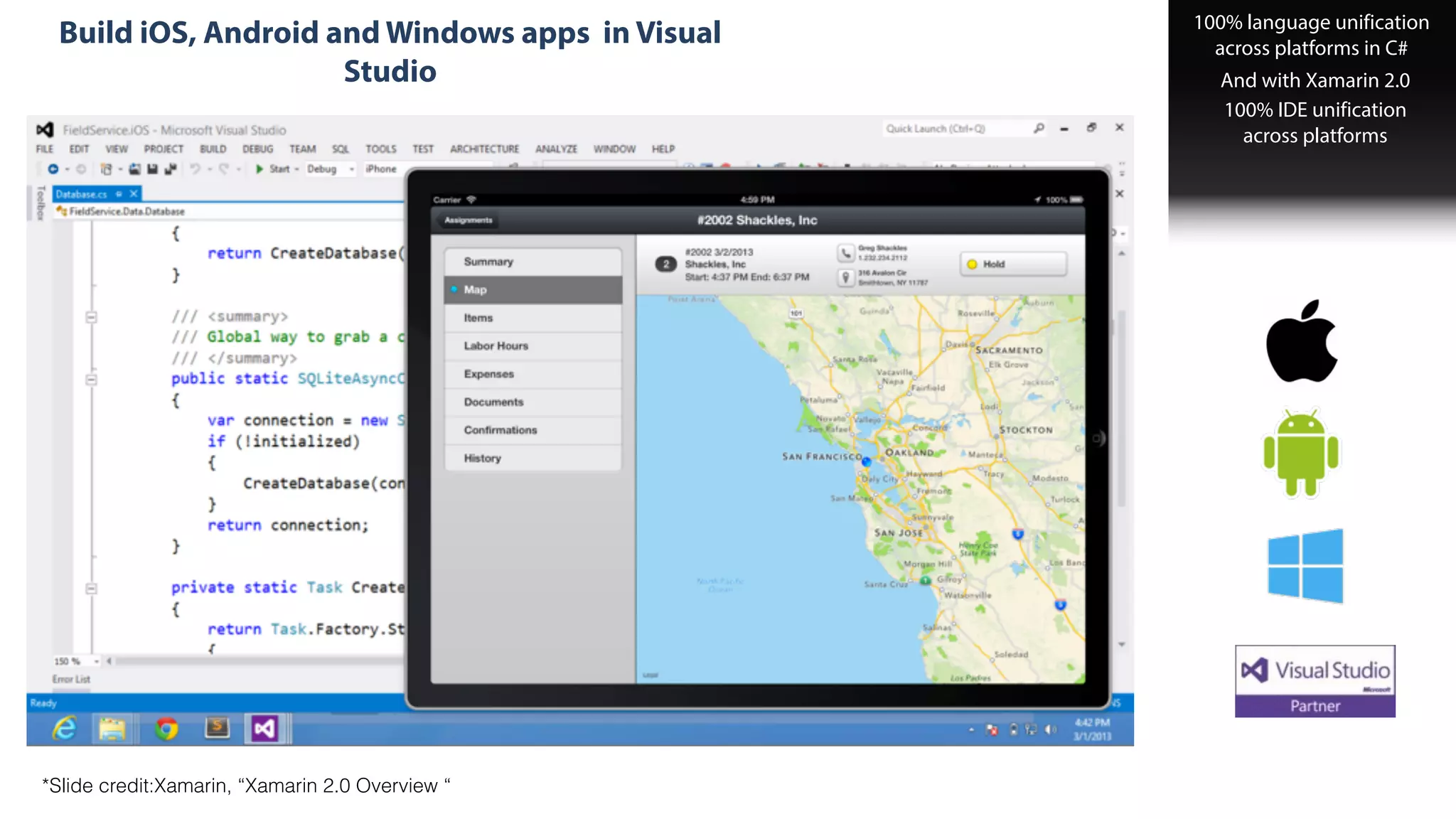 Rich IDE Support
Build iOS, Android and Windows apps in Visual
Studio
100% language unification
across platforms in C#
And with Xamarin 2.0
100% IDE unification  
across platforms
*Slide credit:Xamarin, “Xamarin 2.0 Overview “
 