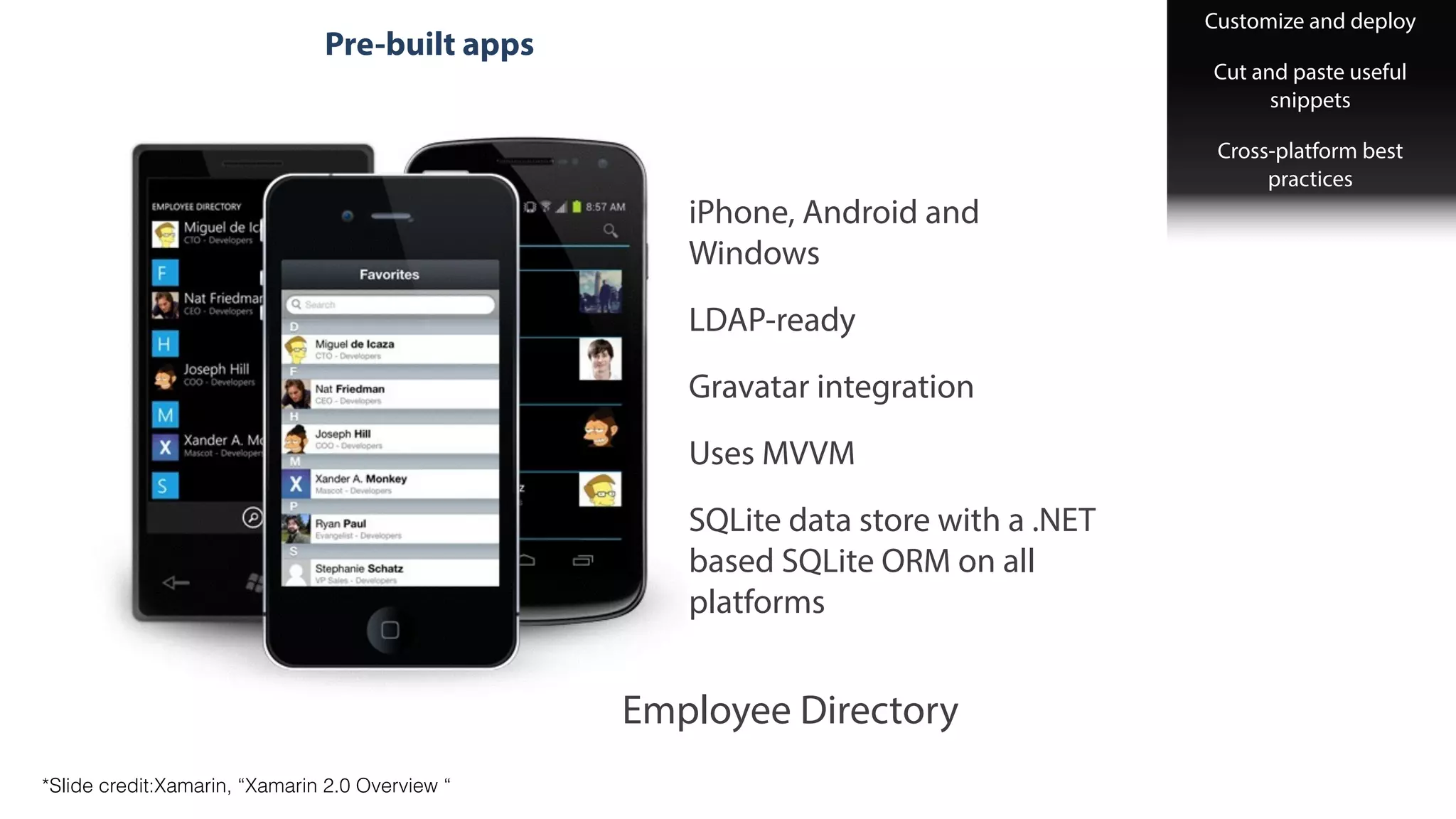 Pre-built apps
Employee Directory
!
Customize and deploy
!
Cut and paste useful
snippets
!
Cross-platform best
practices
!iPhone, Android and
Windows
!
LDAP-ready
!
Gravatar integration
!
Uses MVVM
!
SQLite data store with a .NET
based SQLite ORM on all
platforms
*Slide credit:Xamarin, “Xamarin 2.0 Overview “
 