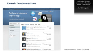Rich IDE Support
Xamarin Component Store
High quality pre-built
components – UI controls,
themes & web services
Full IDE integration
*Slide credit:Xamarin, “Xamarin 2.0 Overview “
 