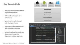 How Xamarin Works
• Unify app development in C# for all
major device platforms
!
• Deliver fully native apps – UI &  
Performance
!
• Speed time-to-market through 
code-sharing and re-use
!
• Businesses can leverage existing C#  
skills, tools, teams and code
!
• Achieve broad reach across device 
platforms and escape the  
Objective-C and Java dead ends
*Slide credit:Xamarin, “Xamarin 2.0 Overview “
 