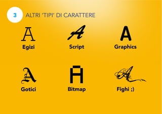 3

ALTRI ‘TIPI’ DI CARATTERE

Egizi

Script

Graphics

Gotici

Bitmap

Fighi ;)

 