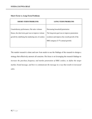 SYEDA ZAUWIA RIAZ
4 | P a g e
Short-Term vs. Long-Term Problems
SHORT-TERM PROBLEMS LONG-TERM PROBLEMS
Unsatisfactory performance; flat sales volumes
Hence, the short term goal was to improve volume
growth by redefining the marketing mix of cookies
Decreasing household penetration
The long-term goal was to improve penetration
(cookies) and improve the overall growth of the
RBG category (5-7% annual growth)
The market research is done and now Ivan needs to use the findings of the research to design a
strategy that effectively answers all concerns. His focus is on leveraging the research findings to
increase the purchase frequency and market penetration of RBG cookies, to define the target
market, brand message, and how to communicate the message in a way that results in increased
sales.
 