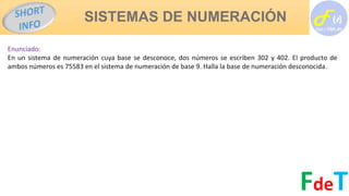 SISTEMAS DE NUMERACIÓN
FdeT
Enunciado:
En un sistema de numeración cuya base se desconoce, dos números se escriben 302 y 402. El producto de
ambos números es 75583 en el sistema de numeración de base 9. Halla la base de numeración desconocida.
 