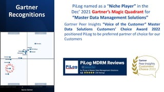 Gartner
Recognitions
Source: Gartner PiLog 7/20/2022 3
PiLog named as a “Niche Player” in the
Dec’ 2021 Gartner’s Magic Quadrant for
“Master Data Management Solutions”
Gartner Peer Insights “Voice of the Customer” Master
Data Solutions Customers’ Choice Award 2022
positioned PiLog to be preferred partner of choice for our
Customers
 