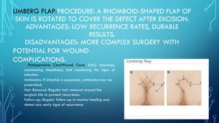 LIMBERG FLAP:PROCEDURE: A RHOMBOID-SHAPED FLAP OF
SKIN IS ROTATED TO COVER THE DEFECT AFTER EXCISION.
ADVANTAGES: LOW RECURRENCE RATES, DURABLE
RESULTS.
DISADVANTAGES: MORE COMPLEX SURGERY WITH
POTENTIAL FOR WOUND
COMPLICATIONS.
. Postoperative CareWound Care: Daily dressings,
maintaining cleanliness, and monitoring for signs of
infection.
Antibiotics: If infection is suspected, antibiotics may be
prescribed.
Hair Removal: Regular hair removal around the
surgical site to prevent recurrence.
Follow-up: Regular follow-up to monitor healing and
detect any early signs of recurrence.
 