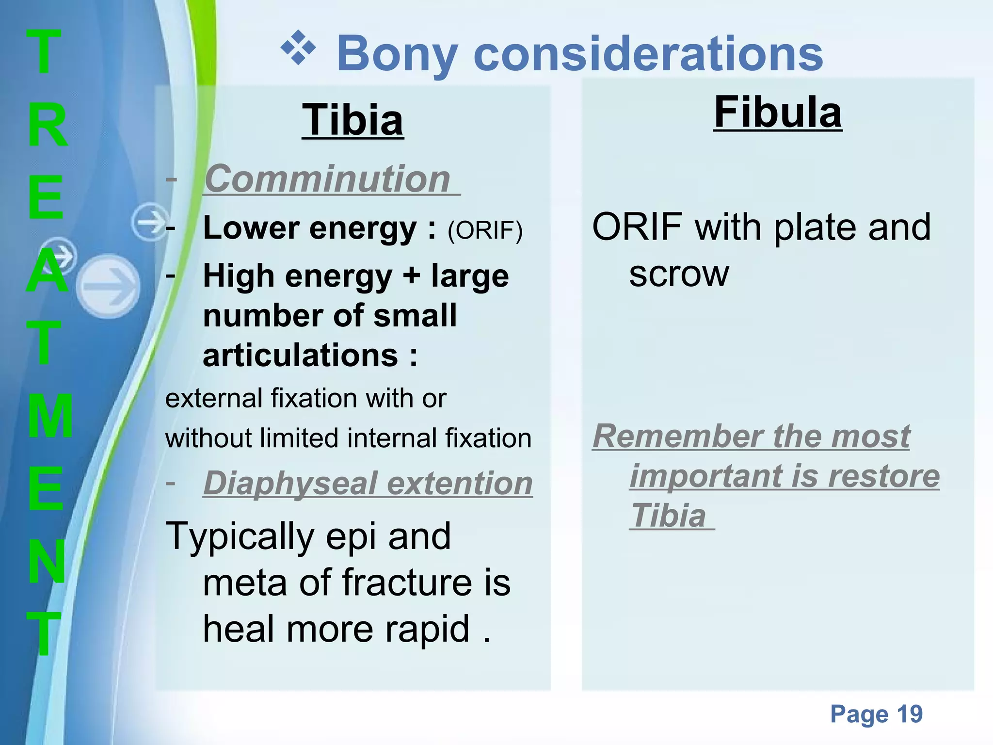 T
R
E
A
T
M
E
N
T

 Bony considerations
Fibula

Tibia
- Comminution
- Lower energy : (ORIF)
- High energy + large
number of small
articulations :
external fixation with or
without limited internal fixation

- Diaphyseal extention

Typically epi and
meta of fracture is
heal more rapid .

ORIF with plate and
scrow

Remember the most
important is restore
Tibia

Powerpoint Templates

Page 19

 