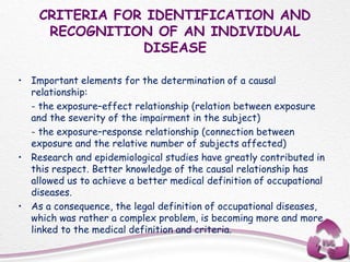 CRITERIA FOR IDENTIFICATION AND
RECOGNITION OF AN INDIVIDUAL
DISEASE
• Important elements for the determination of a causal
relationship:
- the exposure–effect relationship (relation between exposure
and the severity of the impairment in the subject)
- the exposure–response relationship (connection between
exposure and the relative number of subjects affected)
• Research and epidemiological studies have greatly contributed in
this respect. Better knowledge of the causal relationship has
allowed us to achieve a better medical definition of occupational
diseases.
• As a consequence, the legal definition of occupational diseases,
which was rather a complex problem, is becoming more and more
linked to the medical definition and criteria.
 