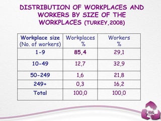 DISTRIBUTION OF WORKPLACES AND
WORKERS BY SIZE OF THE
WORKPLACES (TURKEY,2008)
Workplace size
(No. of workers)
Workplaces
%
Workers
%
1-9 85,4 29,1
10-49 12,7 32,9
50-249 1,6 21,8
249+ 0,3 16,2
Total 100,0 100,0
 
