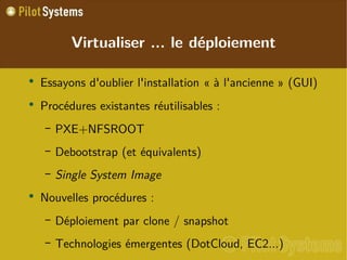 
      
       Virtualiser ... le déploiement 
      
     
      
       
        
         Essayons d'oublier l'installation « à l'ancienne » (GUI) 
        
       
       
        
         Procédures existantes réutilisables : 
        
       
       
        
         
          
           PXE+NFSROOT 
          
         
        
       
       
        
         
          
           Debootstrap (et équivalents) 
          
         
        
       
       
        
         
          
           Single System Image 
          
         
        
       
       
        
         Nouvelles procédures : 
        
       
       
        
         
          
           Déploiement par clone / snapshot 
          
         
        
       
       
        
         
          
           Technologies émergentes (DotCloud, EC2...) 
          
         
        
       
      
     