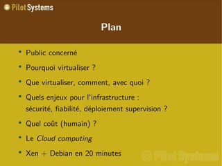
      
       Plan 
      
     
      
       
        
         Public concerné 
        
       
       
        
         Pourquoi virtualiser ? 
        
       
       
        
         Que virtualiser, comment, avec quoi ? 
        
       
       
        
         Quels enjeux pour l'infrastructure : sécurité, fiabilité, déploiement supervision ? 
        
       
       
        
         Quel coût (humain) ? 
        
       
       
        
         Le  Cloud computing 
        
       
       
        
         Xen + Debian en 20 minutes 
        
       
      
     