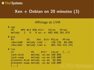 
      
       Xen + Debian en 20 minutes (3) 
      
     
      
       
        
         Affichage du LVM 
        
       
       
        
         # vgs VG  #PV #LV #SN Attr  VSize  VFree  melody  2  9  0 wz--n- 602.48G 301.97G 
        
       
       
        
         # pvs PV  VG  Fmt  Attr PSize  PFree  /dev/md0  melody lvm2 --  136.73G  86.60G /dev/md1  melody lvm2 a-  465.76G 215.37G 
        
       
       
        
         # lvs LV  VG  Attr  LSize  [...] jack-disk  melody -wi-ao 100.00G jack-swap  melody -wi-ao 128.00M plonenet-disk melody -wi-ao  50.00G plonenet-swap melody -wi-ao 128.00M [...] 
        
       
       
        
         
        
       
      
     