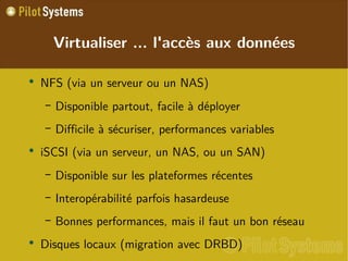 
      
       Virtualiser ... l'accès aux données 
      
     
      
       
        
         NFS (via un serveur ou un NAS) 
        
       
       
        
         
          
           Disponible partout, facile à déployer 
          
         
        
       
       
        
         
          
           Difficile à sécuriser, performances variables 
          
         
        
       
       
        
         iSCSI (via un serveur, un NAS, ou un SAN) 
        
       
       
        
         
          
           Disponible sur les plateformes récentes 
          
         
        
       
       
        
         
          
           Interopérabilité parfois hasardeuse 
          
         
        
       
       
        
         
          
           Bonnes performances, mais il faut un bon réseau 
          
         
        
       
       
        
         Disques locaux (migration avec DRBD) 
        
       
      
     