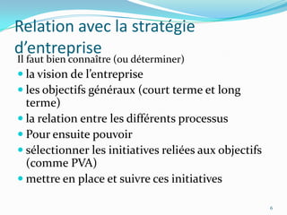 Relation avec la stratégie
d’entreprise
Il faut bien connaître (ou déterminer)
 la vision de l’entreprise
 les objectifs généraux (court terme et long
terme)
 la relation entre les différents processus
 Pour ensuite pouvoir
 sélectionner les initiatives reliées aux objectifs
(comme PVA)
 mettre en place et suivre ces initiatives
6
 