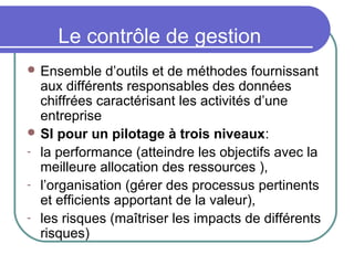 Le contrôle de gestion
 Ensemble d’outils et de méthodes fournissant
aux différents responsables des données
chiffrées caractérisant les activités d’une
entreprise
 SI pour un pilotage à trois niveaux:
- la performance (atteindre les objectifs avec la
meilleure allocation des ressources ),
- l’organisation (gérer des processus pertinents
et efficients apportant de la valeur),
- les risques (maîtriser les impacts de différents
risques)
 
