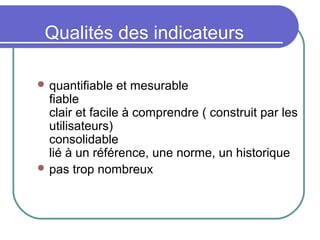 Qualités des indicateurs
 quantifiable et mesurable
fiable
clair et facile à comprendre ( construit par les
utilisateurs)
consolidable
lié à un référence, une norme, un historique
 pas trop nombreux
 