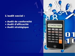 L'audit social :
● Audit de conformité
● Audit d'efficacité
● Audit stratégique
 