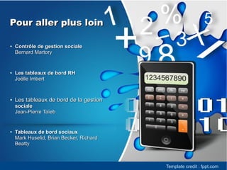●
Contrôle de gestion socialeContrôle de gestion sociale
Bernard MartoryBernard Martory
●
Les tableaux de bord RHLes tableaux de bord RH
Joëlle ImbertJoëlle Imbert
●
Les tableaux de bord de la gestionLes tableaux de bord de la gestion
socialesociale
Jean-Pierre TaïebJean-Pierre Taïeb
●
Tableaux de bord sociauxTableaux de bord sociaux
Mark Huselid, Brian Becker, RichardMark Huselid, Brian Becker, Richard
BeattyBeatty
Pour aller plus loinPour aller plus loinPour aller plus loinPour aller plus loin
Template credit : fppt.com
 