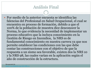 Análisis Final
 Por medio de la anterior encuesta se identifica las
falencias del Profesional en Salud Ocupacional, el cual se
encuentra en proceso de formación, debido a que el
100% de la población de muestra dice desconocer la
Norma, lo que evidencia la necesidad de implementar un
proceso educativo que la incluya conocimiento en la
Gestión de Riesgo en Incendios, la NRS es de
fundamental conocimiento en nuestra carrera ya que nos
permite establecer las condiciones con las que debe
contar las construcciones con el objetivo de que la
respuesta a un sismo sea favorable, existen dos la NRS 10
y la NRS 98, las cuales varían en la aplicación según el
año de construcción de la estructura.
Recuperado de:
https://es.wikipedia.org/wiki/NSR-10
 